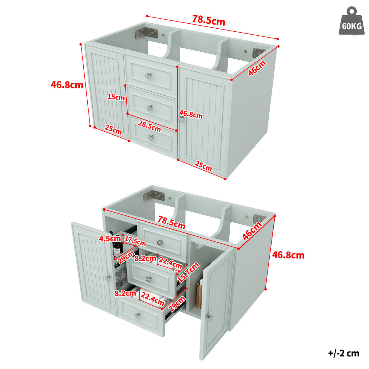 WASCHTISCH 78.5x46x46.8cm Grün Mit 3 Schubladen - Grün, Holzwerkstoff (46/46.8/78.5cm) - FLIEKS