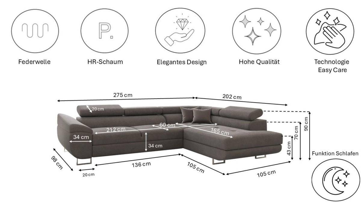 ECKSOFA FALIO L-Form Mit Schlaffunktion Im Modernen Stil Für Das Wohn Und Schlafzimmer Grau Rechts - Grau, Holz/Textil (275/202cm) - Kaiser Möbel