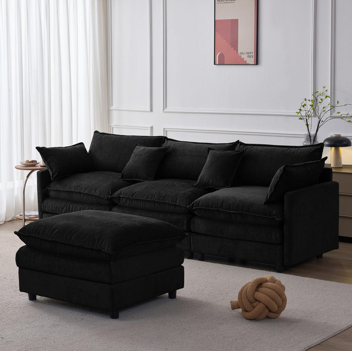 ECKSOFA L-Form 3-Sitzer mit Hocker Chenille Schwarz - Schwarz, Holz (154/267cm) - Meubliv