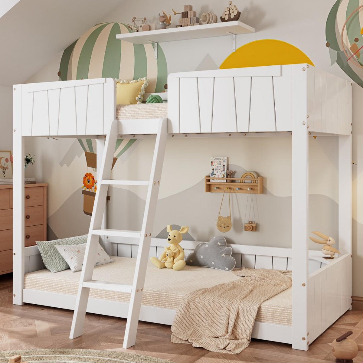 ETAGENBETT 90x200cm in Weiß mit Offenes Regal und dreistufiger Leiter - Weiß, Holz (90/200cm) - KOMHTOM