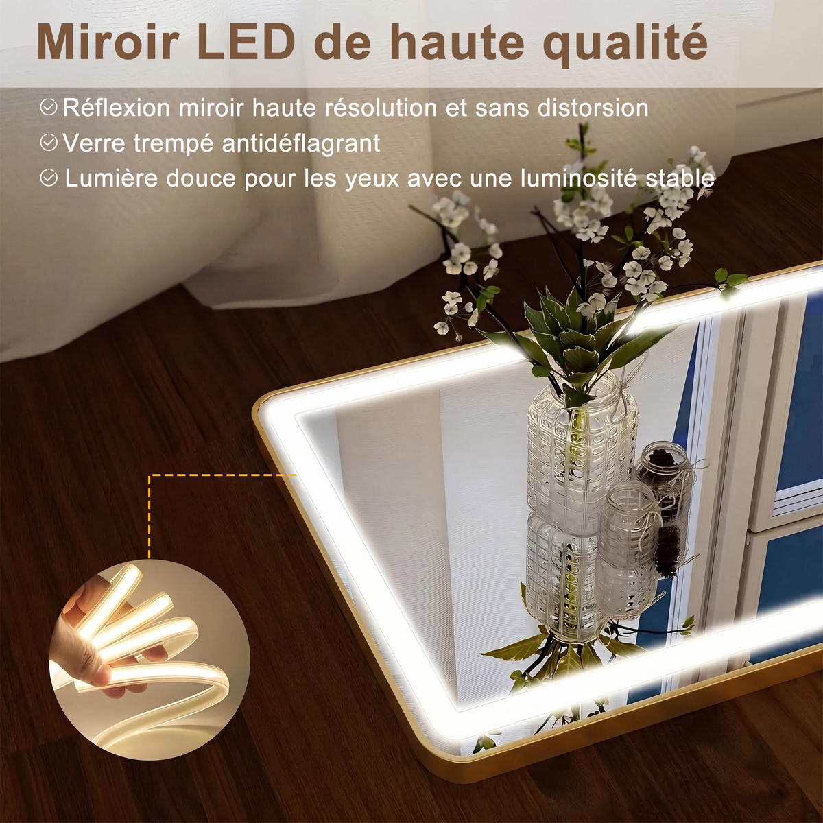 WANDSPIEGEL LED 150 x 40 cm aus Sicherheitsglas, Bogenform, gold - Goldfarben, Metall (40/150/3cm)