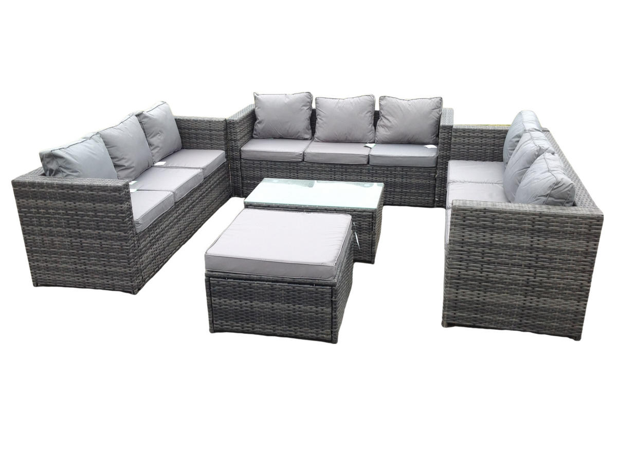 GARTENSET Polyrattan 10-Sitzer - Dunkelgrau/Grau, Glas/Kunststoff - Fimous
