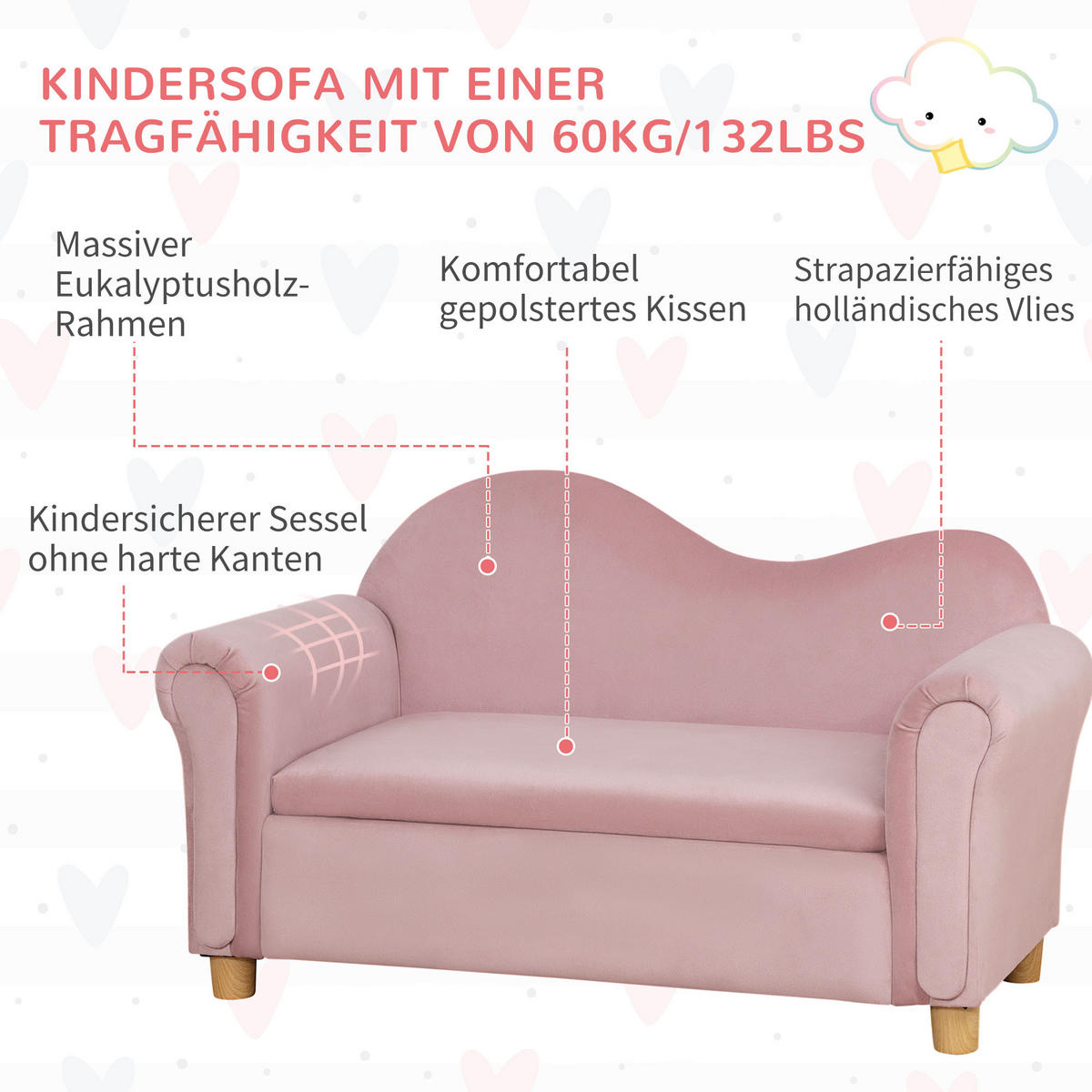 KINDERSOFA, Rosa, Polyester - Rosa, Kunststoff (41.5/48.5/84cm) - HOMCOM