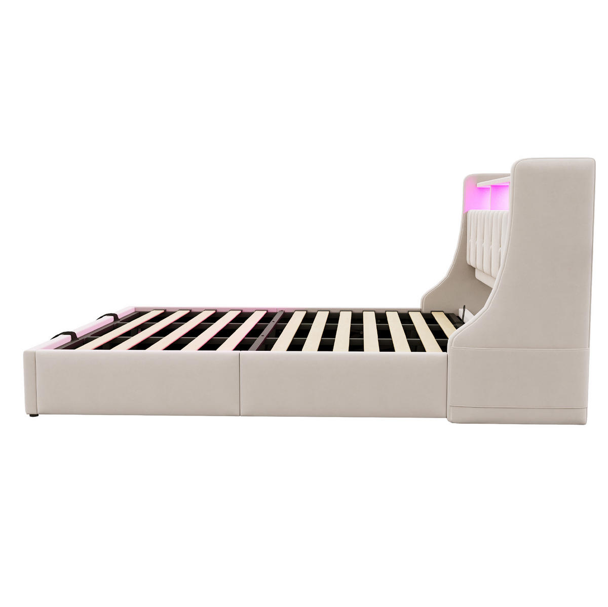 ČALÚNENÁ posteľ 180/200 cm s LED osvetlením, úložným priestorom a zásuvkami USB/Typ-C, Béžová - béžová, textil (180/200cm) - Redom