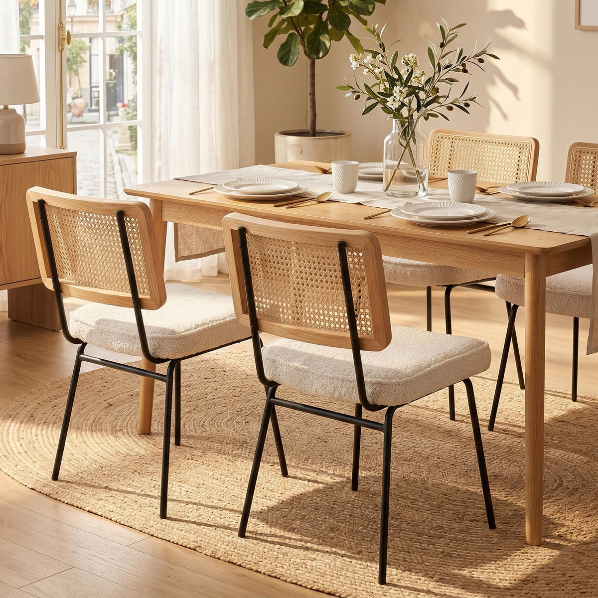 ESSZIMMERSTUHL 2er-Set Vintage PU-Leder Rattan-Optik Holz & Metallfüße - Creme, Textil (47/82/58cm) - Urban Meuble