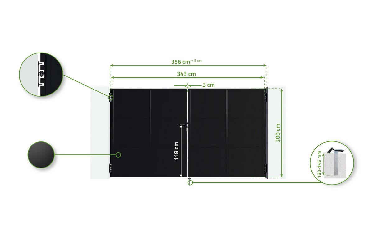 STAHLFLÜGELTOR Nali Mattschwarz 3,5m H.200cm - Schwarz, Metall (343/200cm) - Casanoov