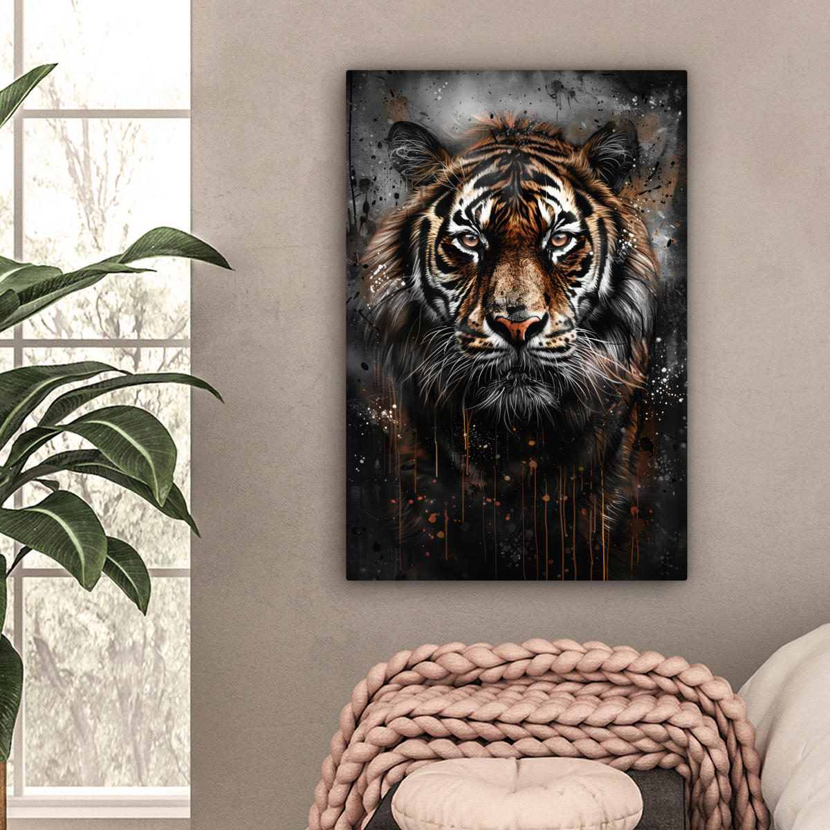 LEINWANDBILD Tiger - Tiere - Porträt - Luxus - Schwarz 60x90 cm - Anthrazit, Textil (60/90cm) - MuchoWow