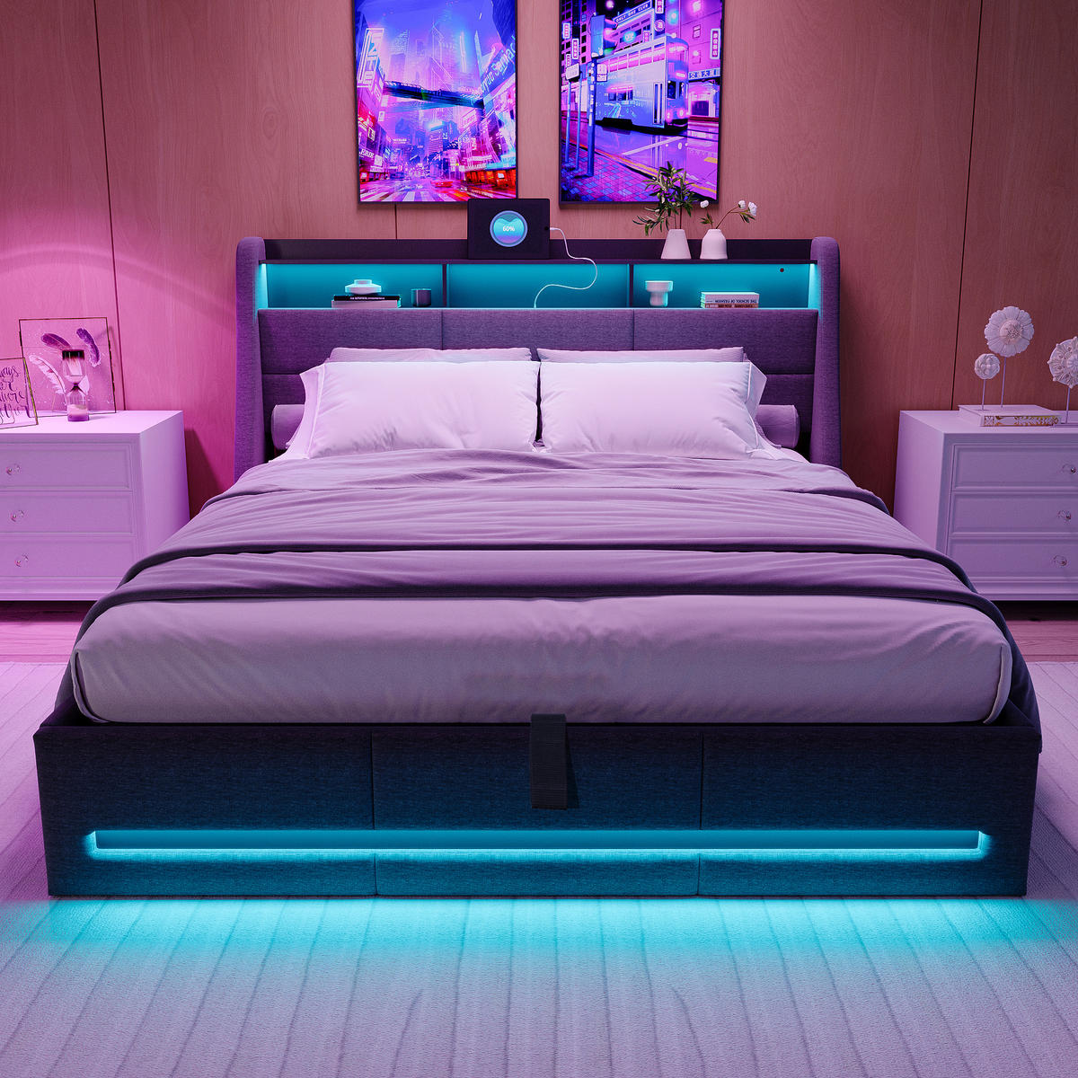 POLSTERBETT Bettkasten 140x200 cm, Doppelbett mit LED und USB, Grau, Leinen - Grau, Metall (140/200cm) - BPKADHY