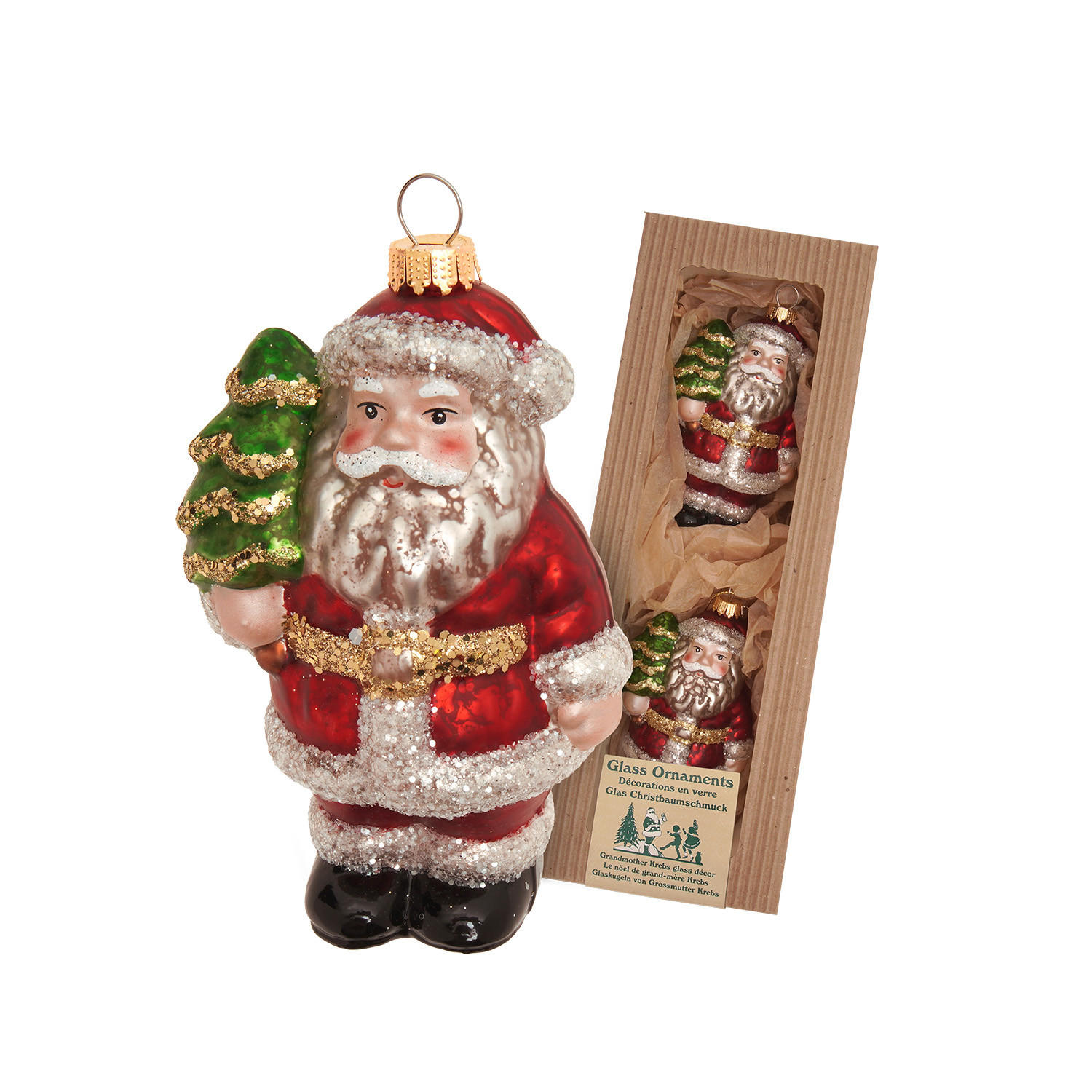 CHRISTBAUMSCHMUCK Santa Nostalgie mit Baum Rot 11cm (Glas / 1 Stk.) - Rot, Glas (5/11/6cm) - Krebs Glas Lauscha