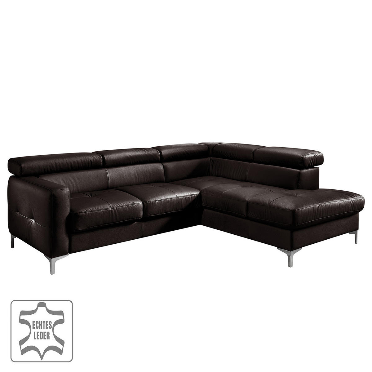 ECKSOFA mit Longchair - Echtleder - Dunkelbraun, Leder (239/207cm) - home24
