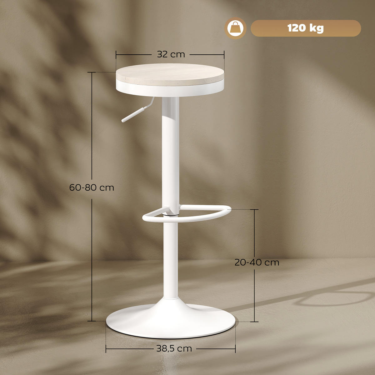 BARHOCKER 2er-Set DE-14768 höhenverstellbar & schwenkbar mit Gummibaumholz Weiß - Weiß, Metall (38.5/80/38.5cm) - ComfortXL