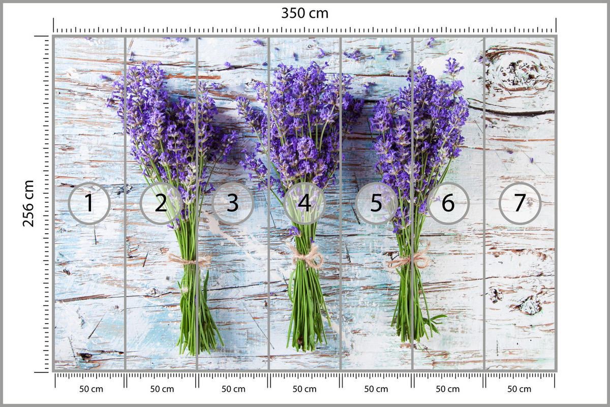 FOTOTAPETA Pre Kuchyňu Levanduľové Kvety Fialová Drevo Rustikálna 350 x 256 cm - sivá/biela, papier (350/256cm) - Muralo