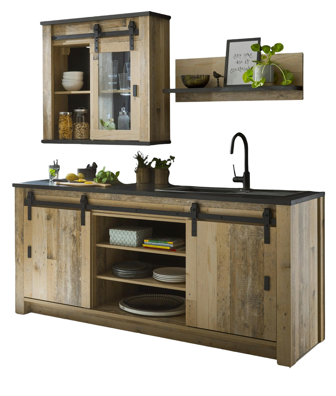 KÜCHENBLOCK in Used Wood Vintage 200 cm, Küchenschrank Set 3-teilig, mit Schiebetüren und Soft-Close - Anthrazit/Schwarz, Glas/Holzwerkstoff (200/200/64cm) - Furn.Design