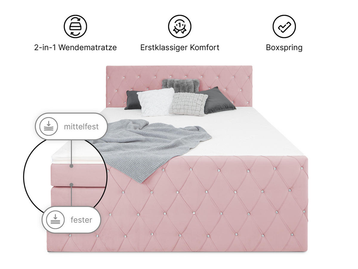 BOXSPRINGBETT Dubai Rosa 160 /200 cm H3/H4 Samt - Rosa, Textil (160/200cm) - wonello
