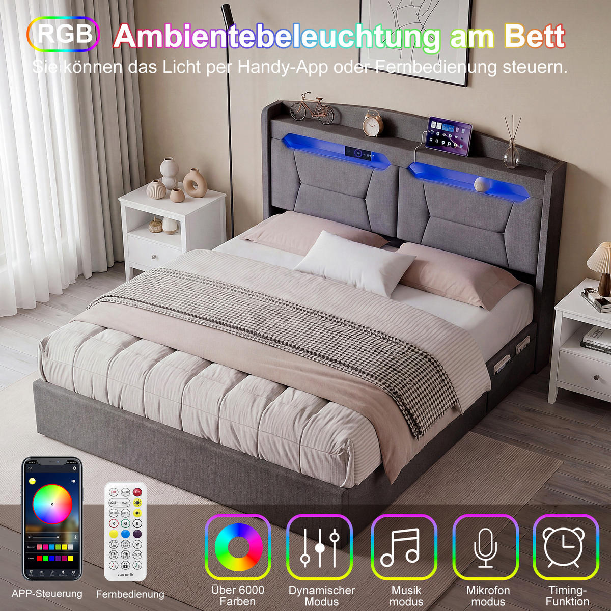POLSTERBETT 140/200 cm mit Stauraum & LED‑Beleuchtung, gepolstertes Kopfteil mit USB‑Ladestation, graues Stoffbett mit Bettkasten für Schlafzimmer - Anthrazit, Holz/Metall (140/200cm) - Joyfair