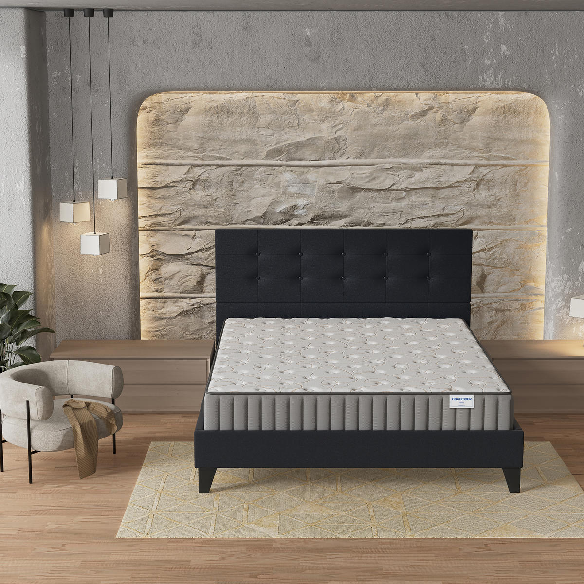 POLSTERBETT und MATRATZE - 140 x 190 cm - viskoelastischer Memory-Schaum - 16cm dick - Schwarz, Naturmaterialien/Holz (140/190cm) - November Sleep