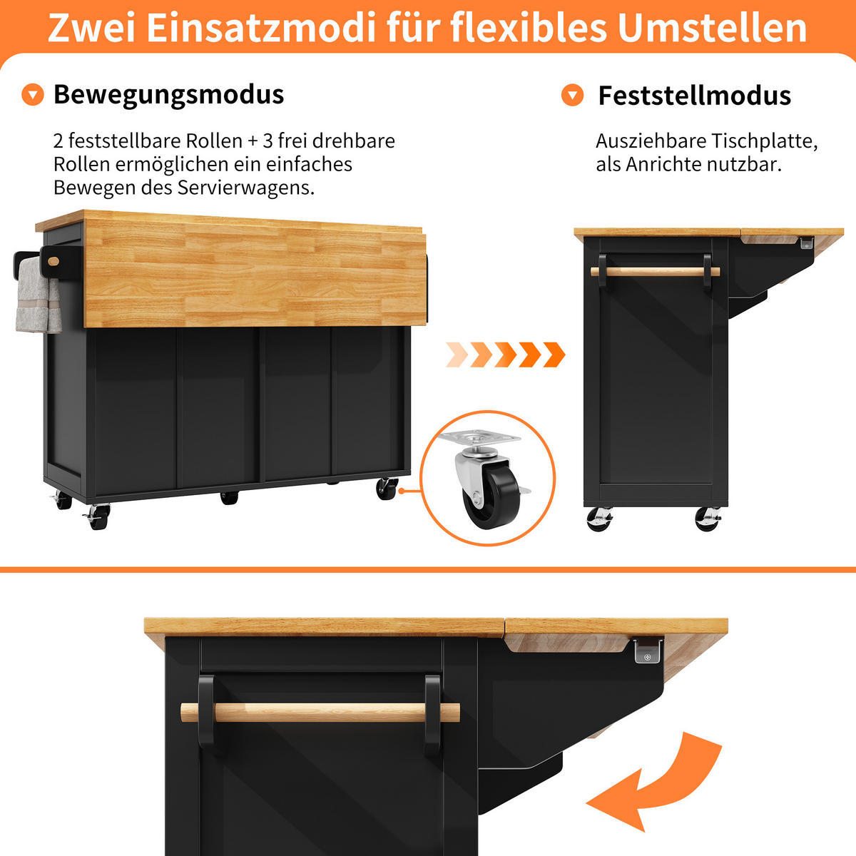 KÜCHENWAGEN aus MDF mit ausziehbarer Platte & Rollen, 140/45/73/93,5 cm, Schwarz - Schwarz, Holzwerkstoff (140/93.5/45cm) - Redom