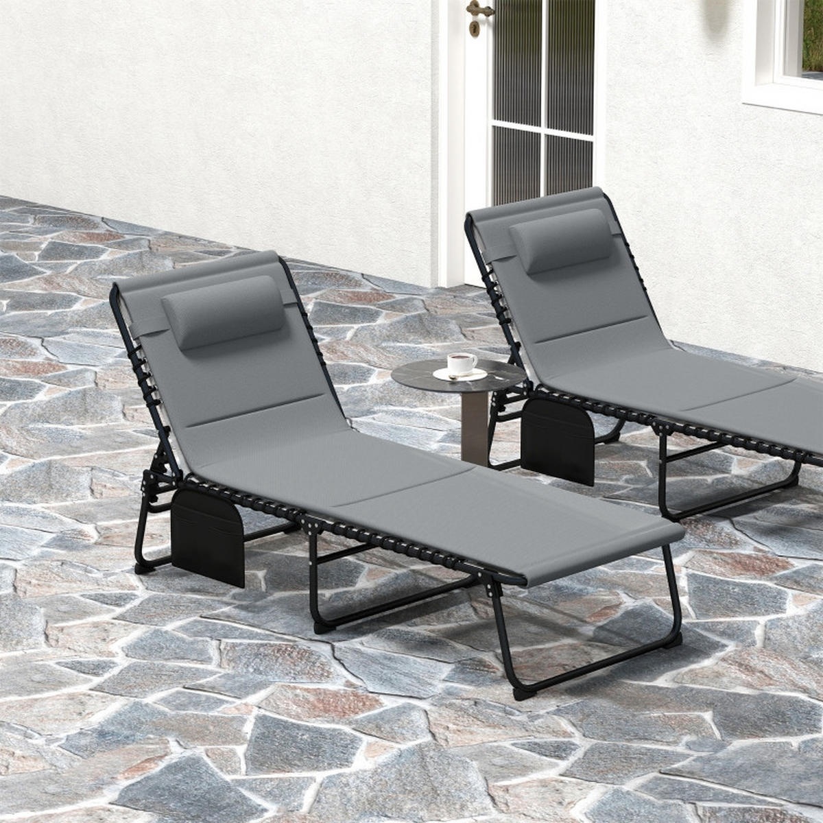 LIEGESTUHL 2er Set klappbar Kopfkissen Seitentasche - Grau, Metall (68/189cm) - Kaket