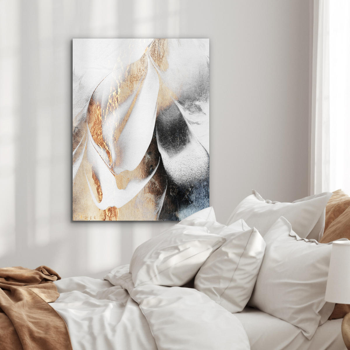 KOVOVÝ OBRAZ Luxusné - abstraktné - zlaté - biele 60x80 cm - zlatá, kov (60/80cm) - MuchoWow