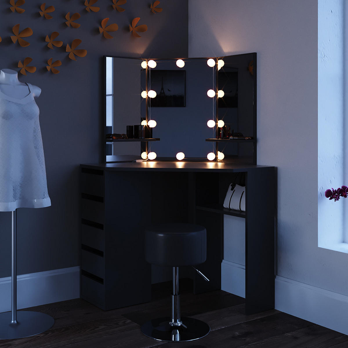 ECKSCHMINKTISCH Arielle Schwarz 110 cm mit LED Beleuchtung und Hocker - Schwarz, Holzwerkstoff (110/141.5/54cm) - Vicco