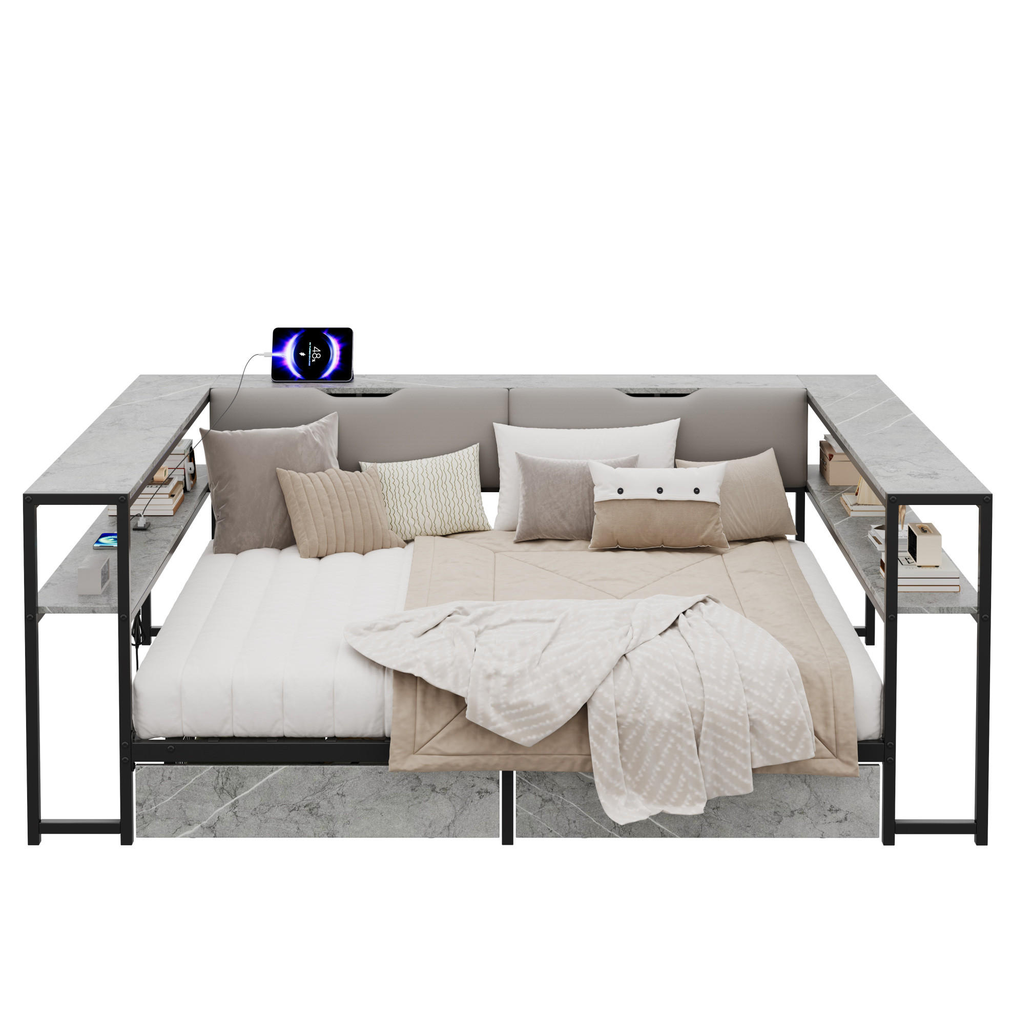 POLSTERBETT 140/200 cm grau aus MDF und Metall mit USB-C und 2 Schubladen - Grau, Holzwerkstoff (140/200cm) - OKWISH