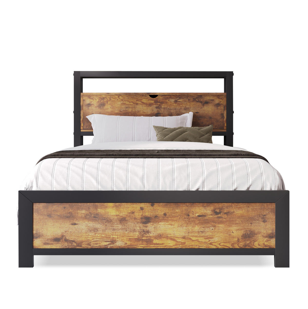 JUGENDBETT 90/200 cm aus Metall und Holzwerkstoff mit Stauraum-Kopfteil Natur/Schwarz - Naturfarben, Metall (90/200cm) - Modenvie