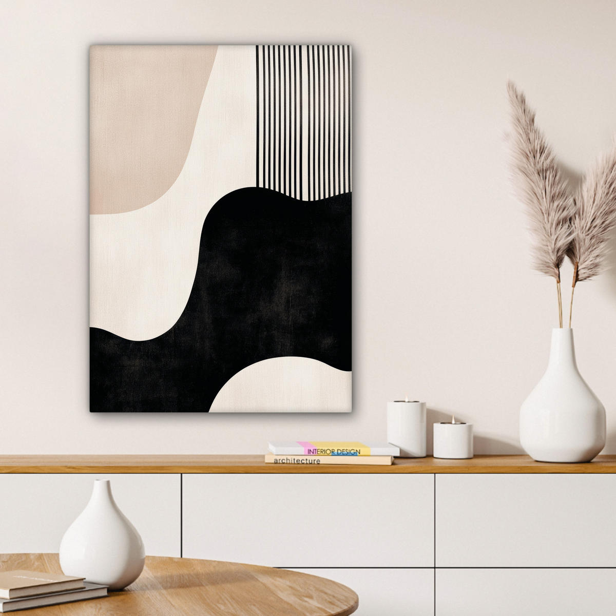 LEINWANDBILD Abstrakt - Japandi - Beige - Modern 60x80 cm - Schwarz, Textil (60/80cm) - MuchoWow