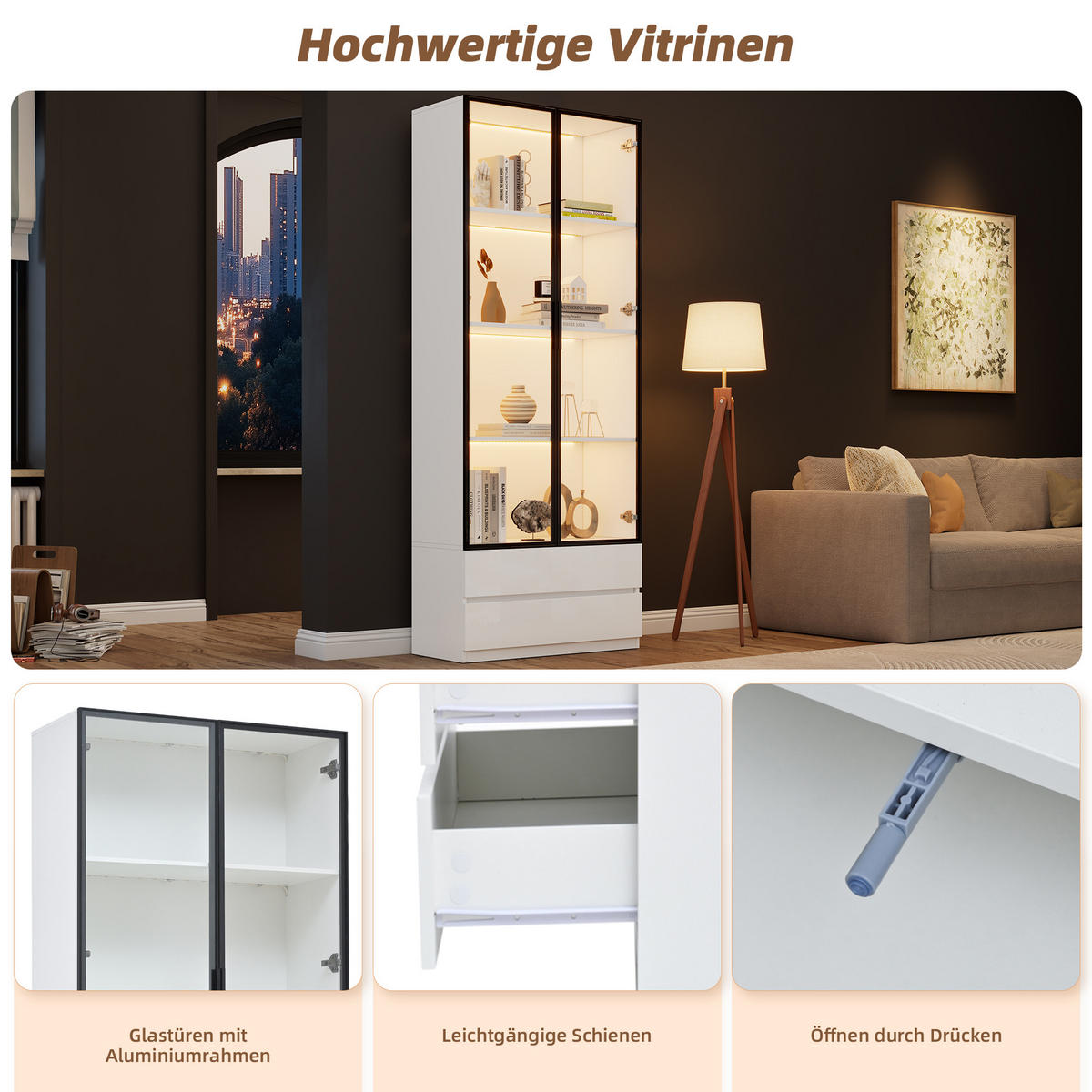 VITRINE LED Hochschrank 2 Türen 2 Schubladen Weiß - Weiß, Holzwerkstoff (80/200/34cm) - FLIEKS
