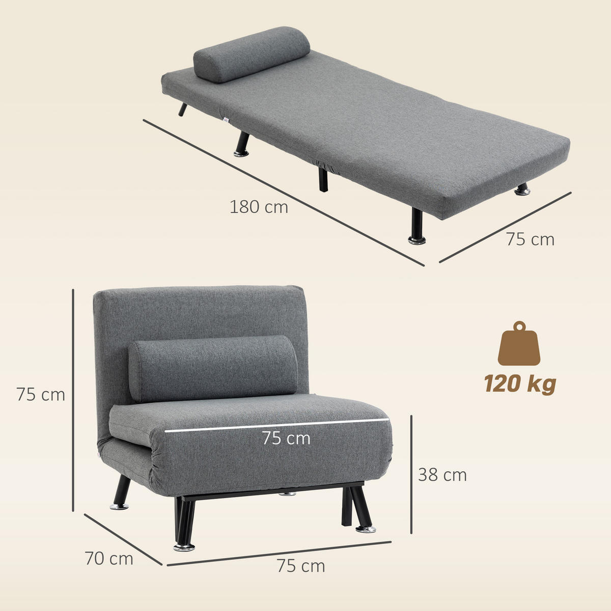 SCHLAFSESSEL Klappsessel mit Bettfunktion Schlafsofa mit Verstellbar Rückenlehne - Dunkelgrau/Anthrazit, Textil/Metall (70/75/75cm) - HOMCOM