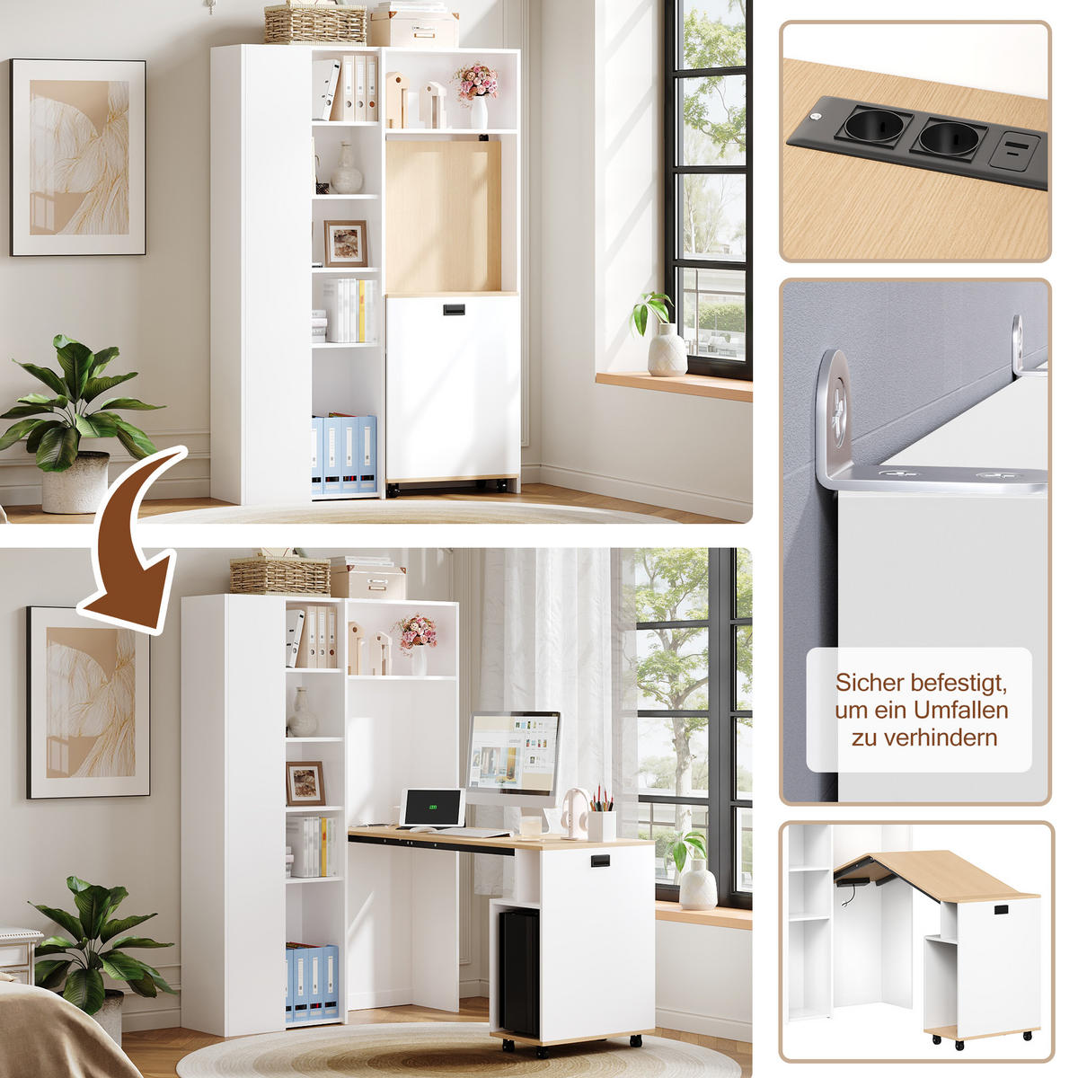 KLAPPBARER SCHREIBTISCH 2-in-1 Bücherregal USB Steckdose weiß links - Weiß, Holzwerkstoff (105/30/160cm) - FLIEKS