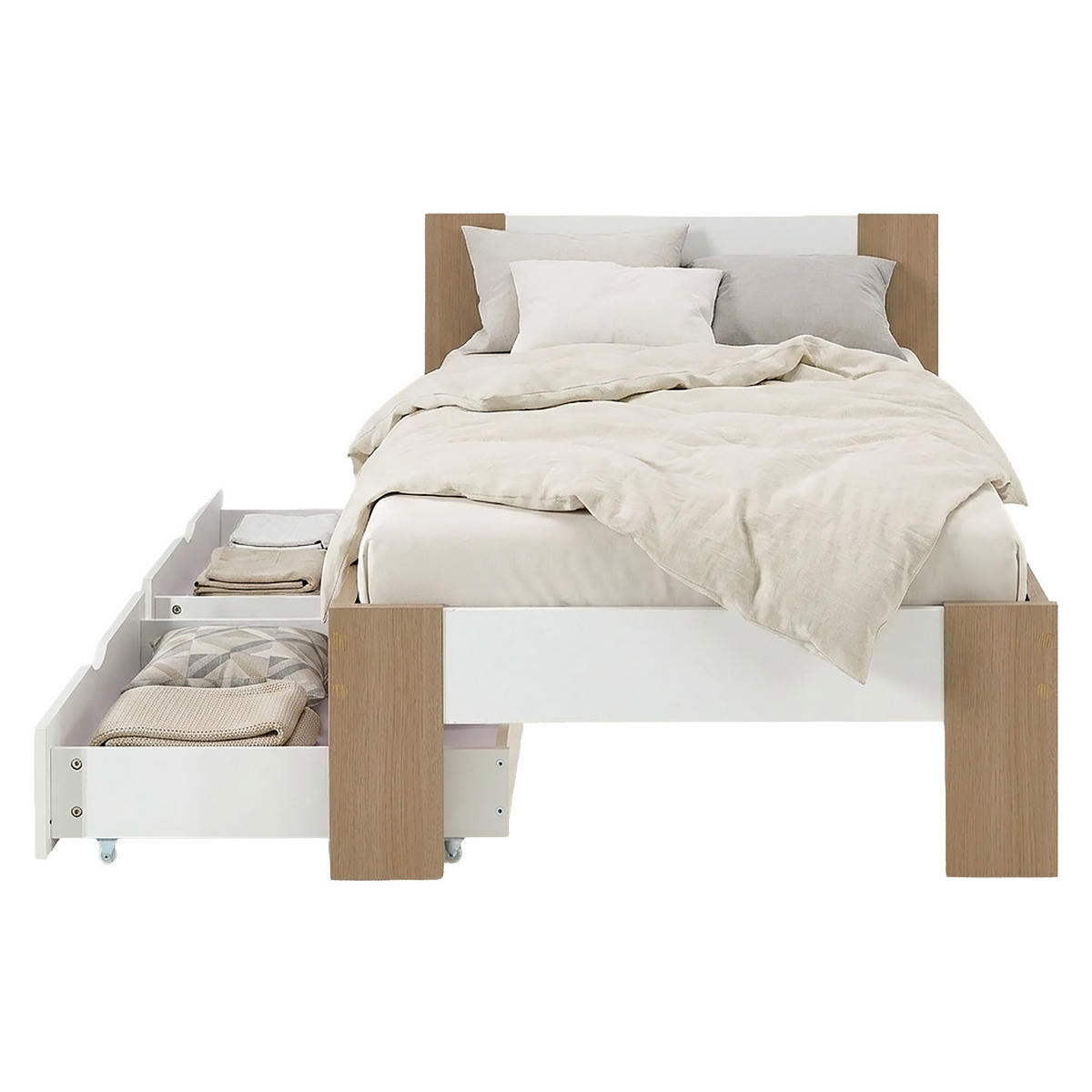 HOLZBETT Braun Weiß 90/200 cm mit Federkernmatratze und 2 Bettkästen - Braun, Holz (90/200cm) - Homestyle4u