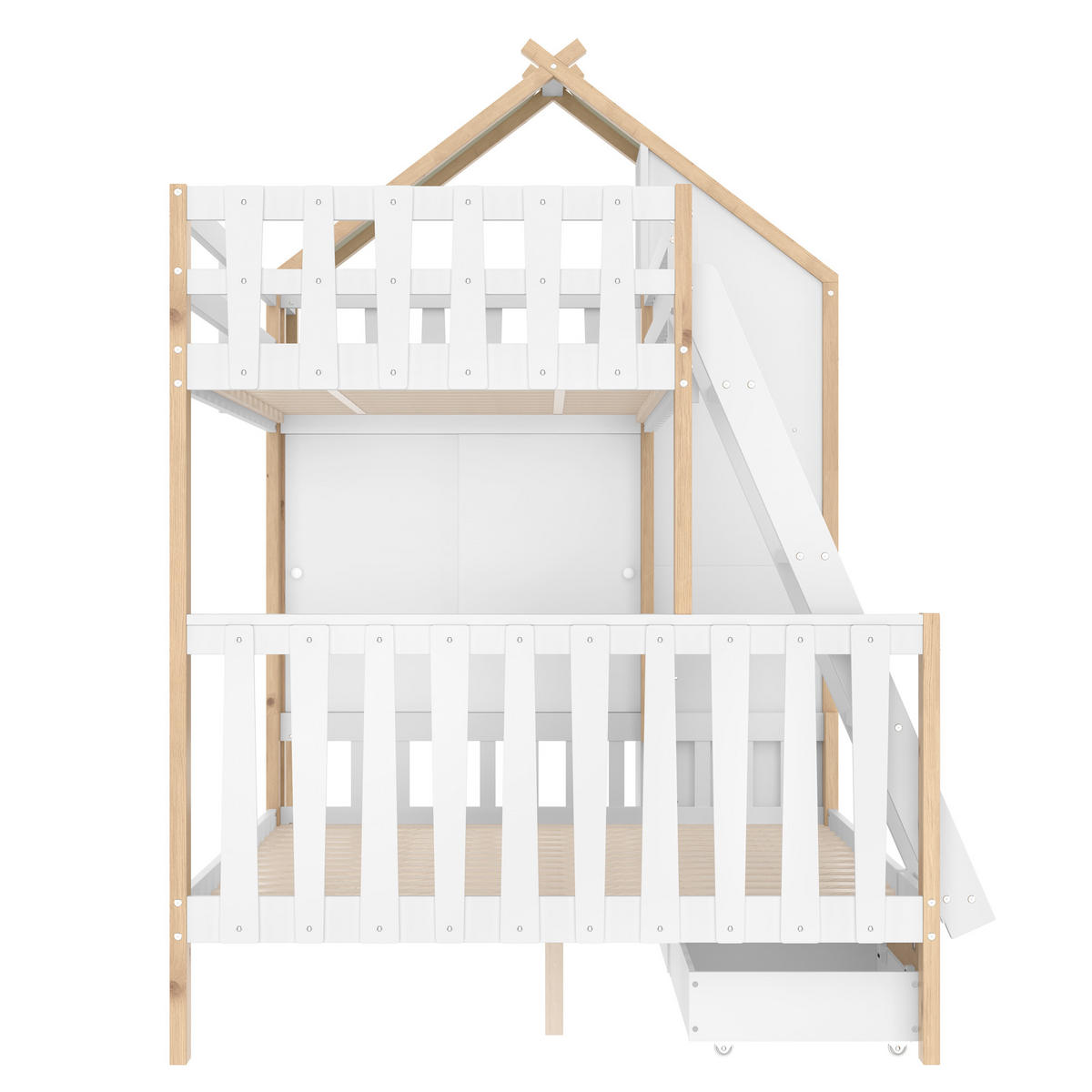 ETAGENBETT 90/200 cm + 140/200 cm weiß mit zwei Schubladen und Hausdach - Weiß, Holz (90/200cm) - OKWISH