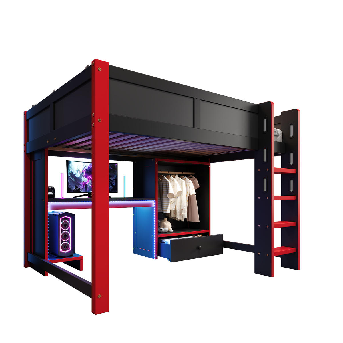 HOCHBETT aus Kiefernholz 140x200 cm in Schwarz-Rot mit LED & Schreibtisch - Schwarz, Holz (140/200cm) - Modfu
