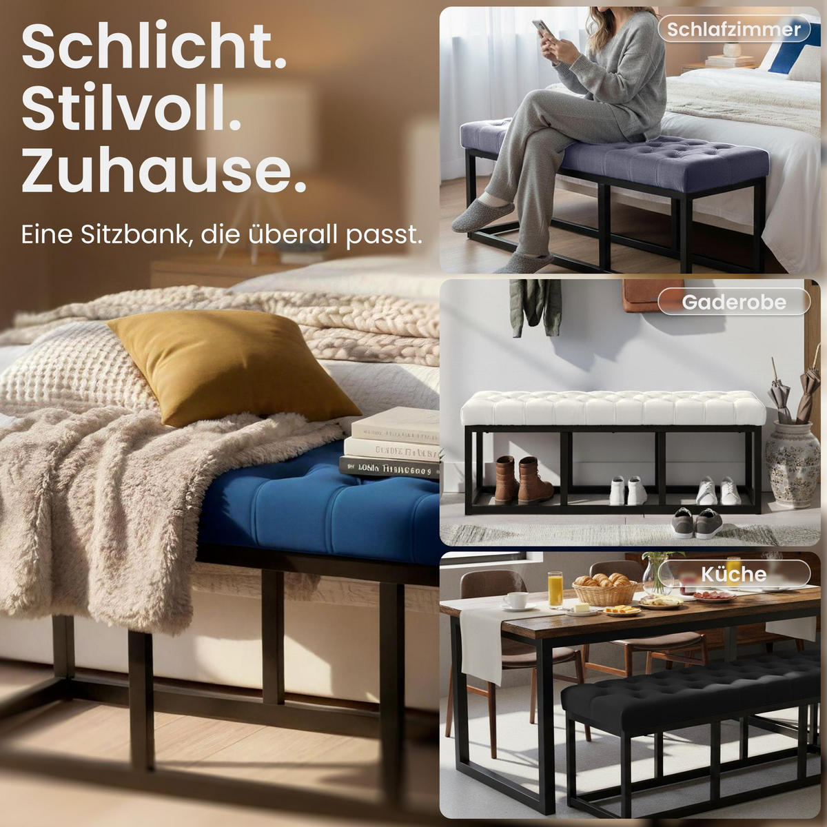 SITZBANK 150/37 cm Samt Blau - Blau/Schwarz, Textil/Metall (150/42/37cm) - CLP