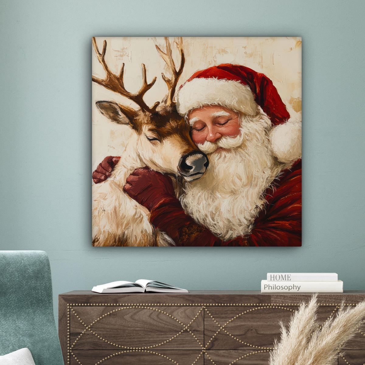 LEINWANDBILD Weihnachtsmann - Rentier - Weihnachten 90x90 cm - Rotbraun, Textil (90/90cm) - MuchoWow