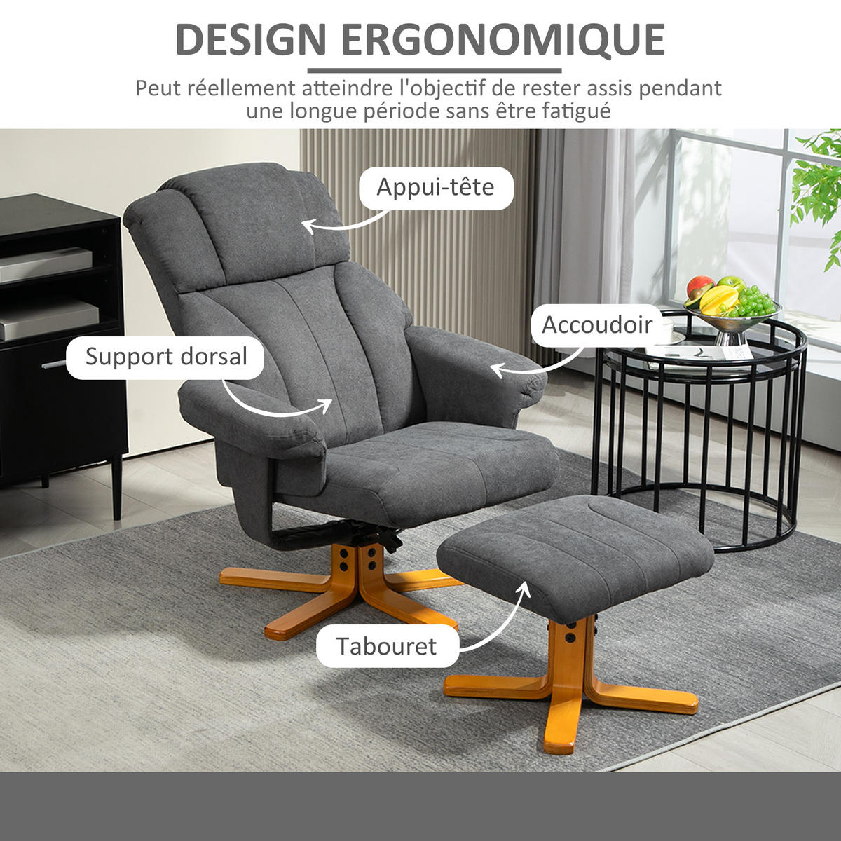RELAXSESSEL DE-17423 130° neigbar mit Fußstütze Dunkelgrau - Dunkelgrau, Holz (79/104/80cm) - ComfortXL