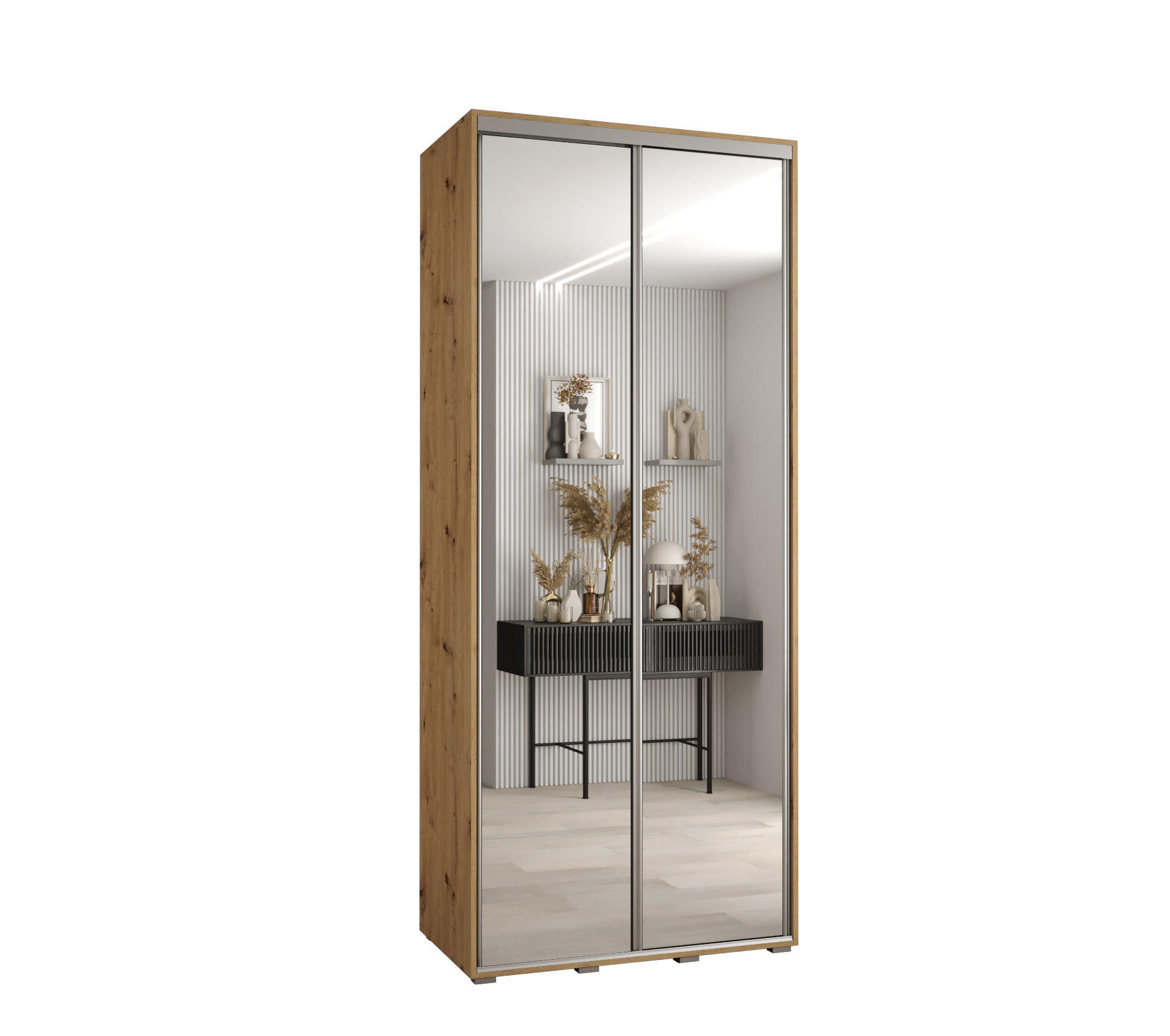 Abiks Möbel Schwebetürenschrank Eiche Artisan, Silber 120x235x60 cm