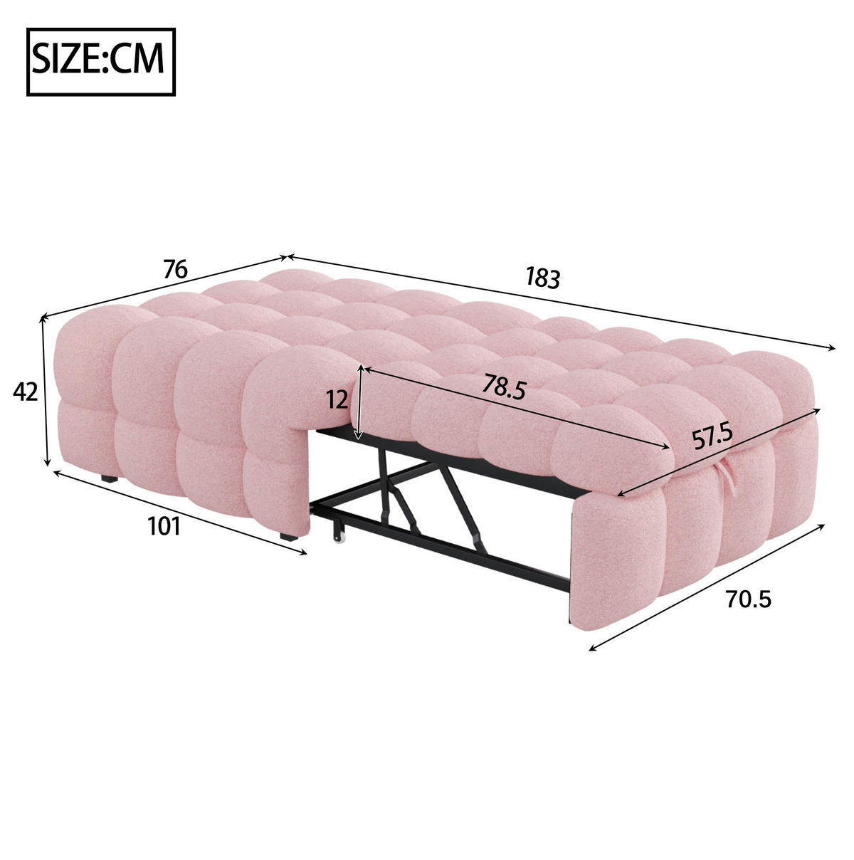 SCHLAFSOFA 183/76/42 cm Rosa 2-in-1 Schlafsofa aus Teddy-Stoff mit Fußhocker - Rosa, Textil (76/42/183cm) - OKWISH