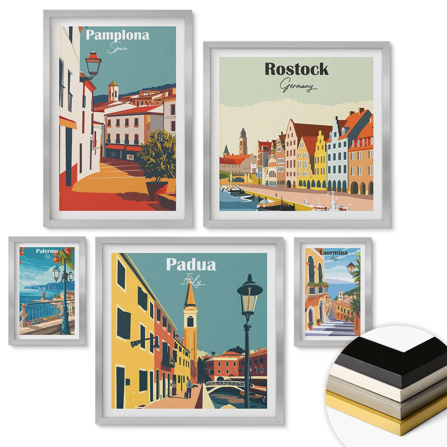 WANDBILDER 5er Set - 50x50 cm & 20x30 cm & 40x60 cm Silberner Rahmen - Architektur der Küstenstädte - Silberfarben, Kunststoff (40/60cm) - ArtPrintCave