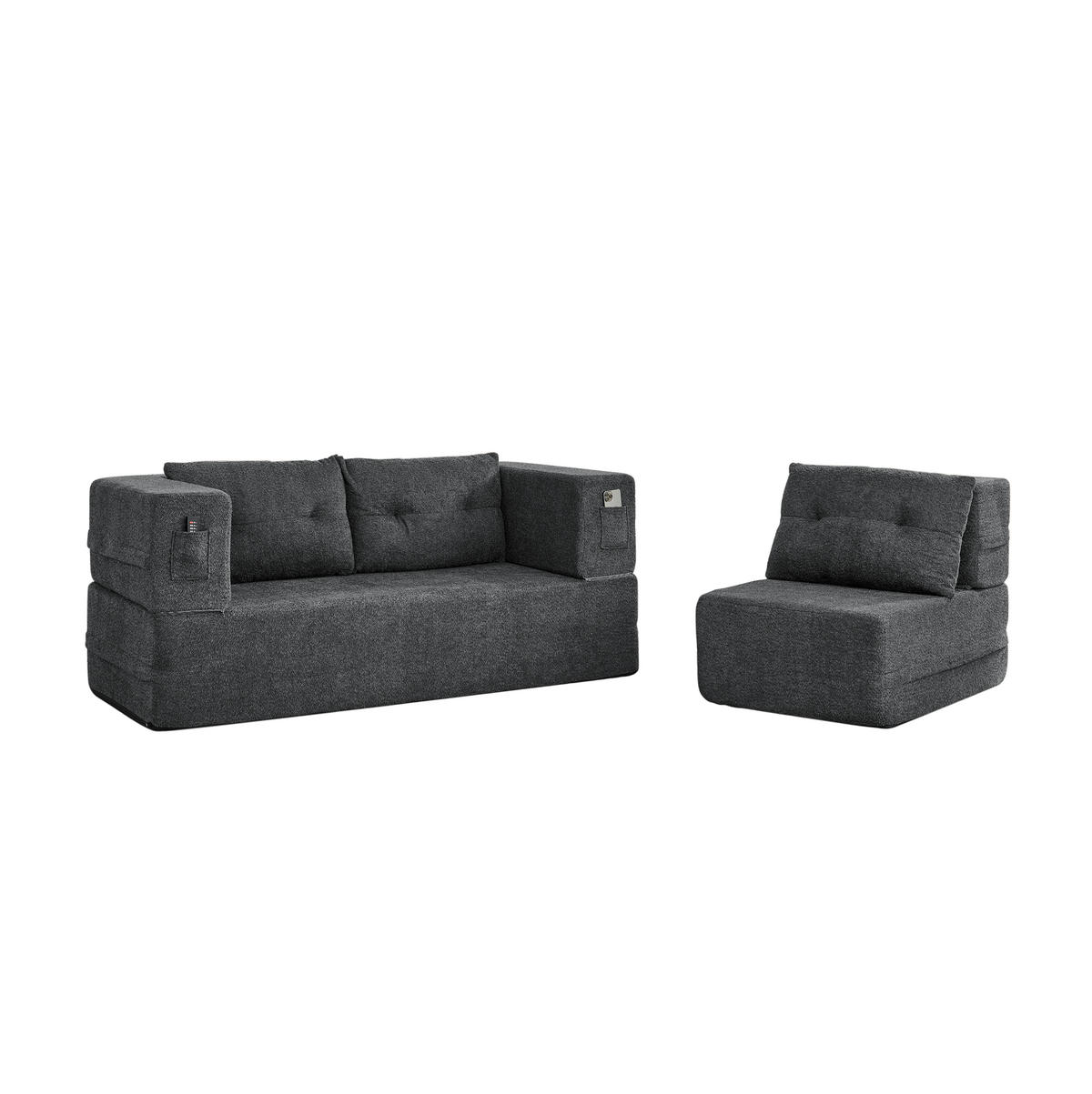 SCHLAFSOFA aus Stoff Dunkelgrau klappbar mit Sessel, Seitentaschen und Memory-Schaum - Dunkelgrau, Textil (199/39/194cm) - Modfu