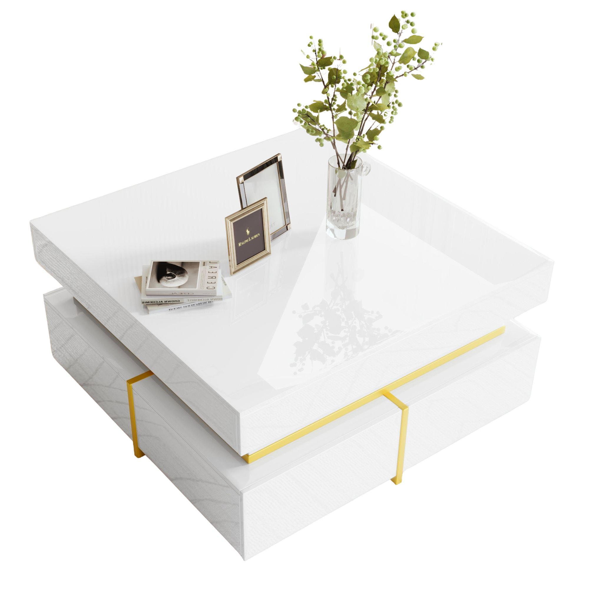 COUCHTISCH mit goldenen akzenten, 2 schubladen & kompaktes design - Weiß, Holzwerkstoff (70/70/35.5cm) - Urban Meuble