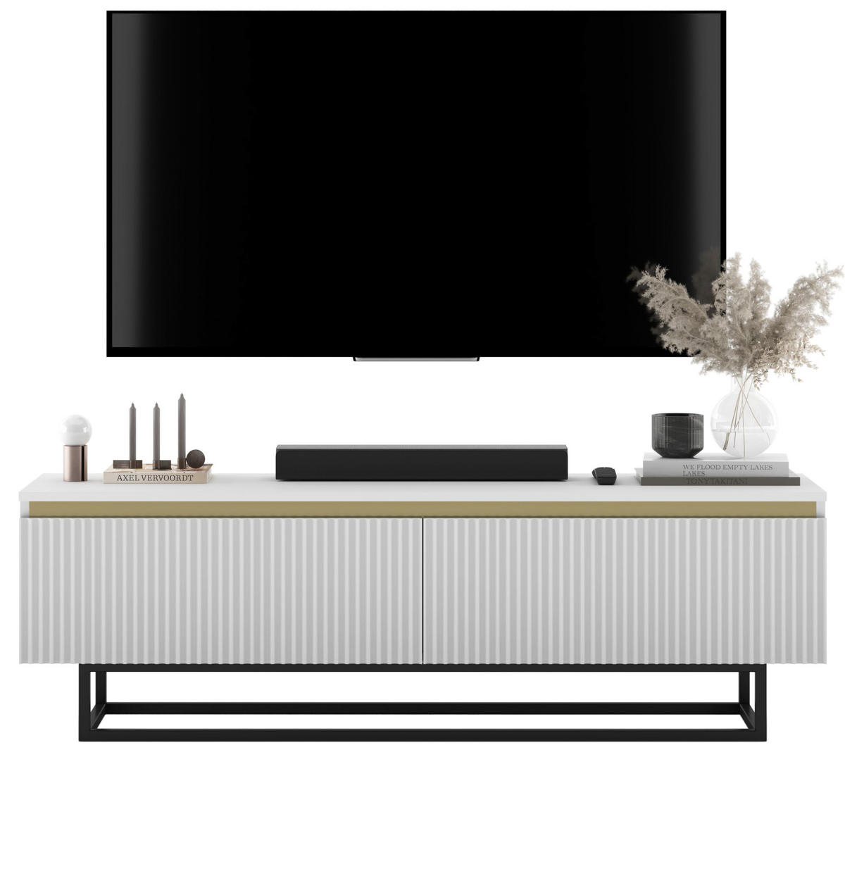 TV-SCHRANK Selene Weiß Matt mit Metallrahmen 140 cm - Schwarz/Weiß, Holzwerkstoff/Metall (140/44/35cm) - Meble Lindner