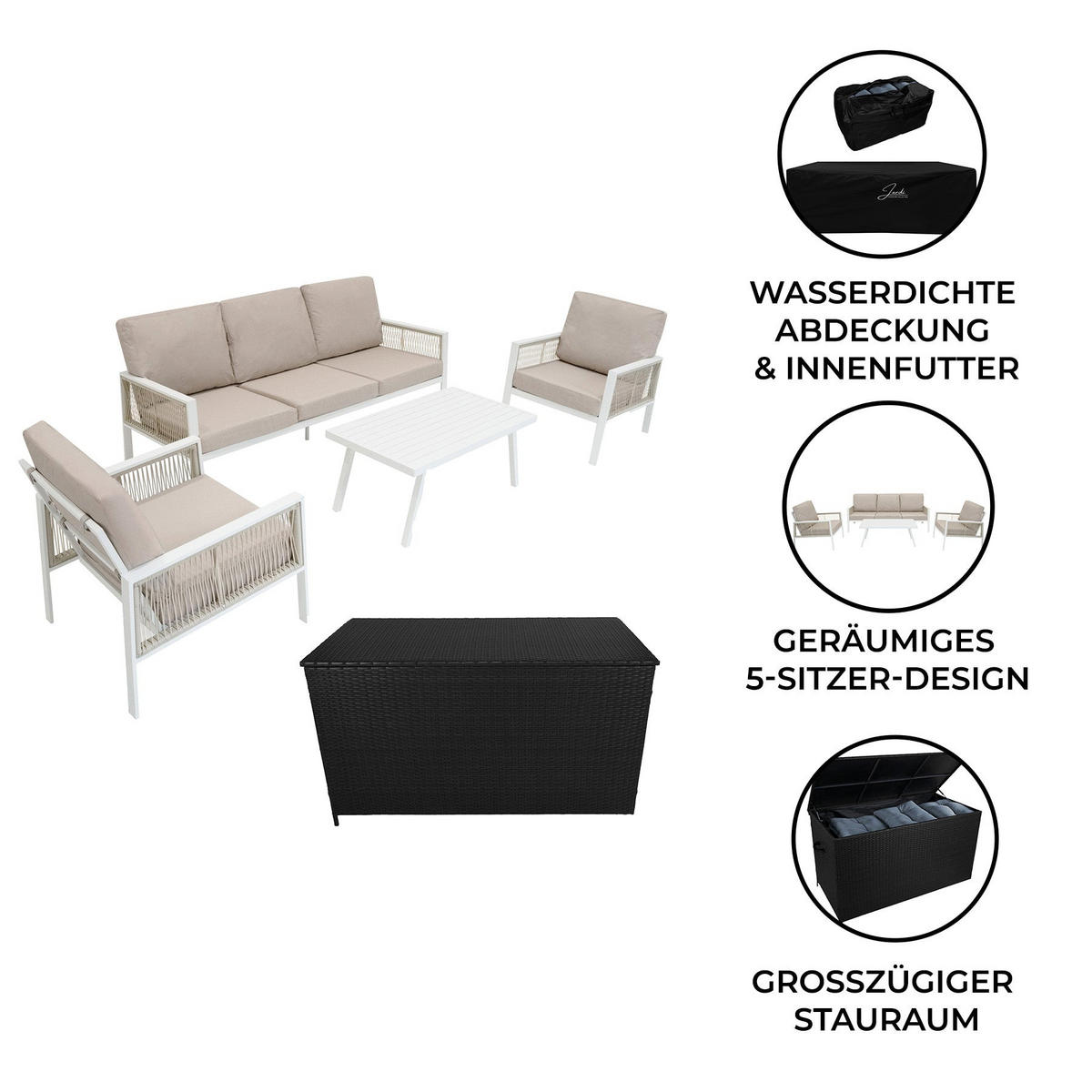 SOFAGARNITUR 4-teilige Aluminiummit schwarzer Rattan-Aufbewahrungsbox Weiß - Weiß, Metall