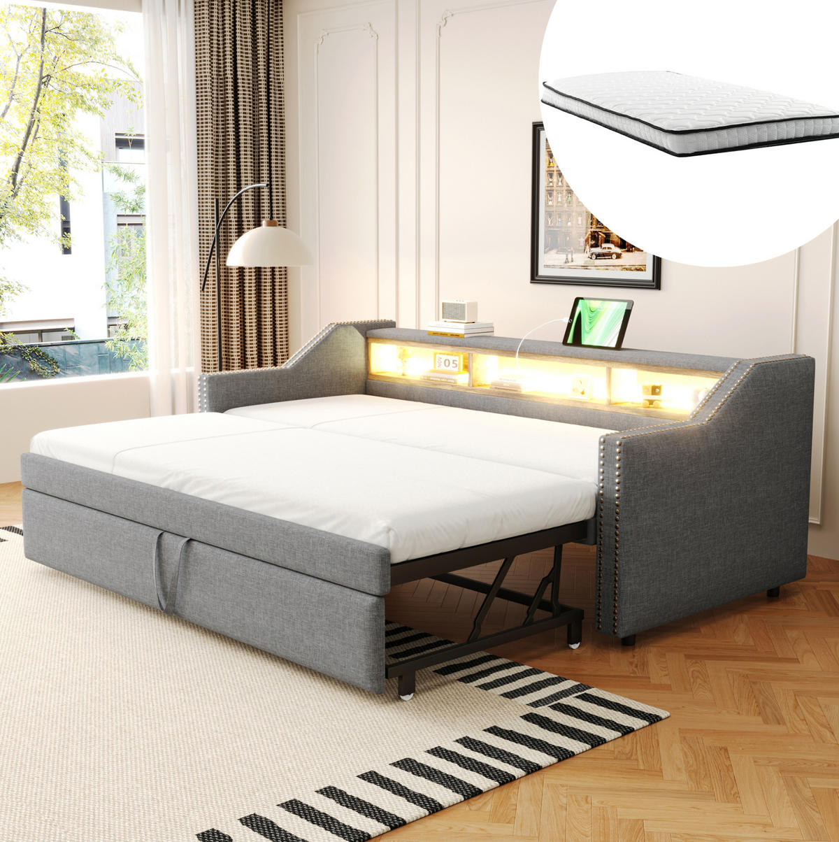 BETT aus Leinen 90/180x190 cm Hellgrau mit Ausziehbett, LED, USB und 3 Ablagefächern - Hellgrau, Textil (90/190cm) - Modfu