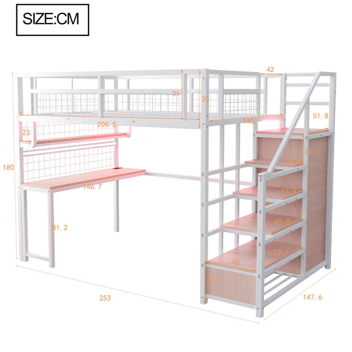 HOCHBETT 140/200 cm Weiß mit Schreibtisch, Lichtleisten und Stauraumleiter - Weiß, Metall (140/200cm) - MIVRAY