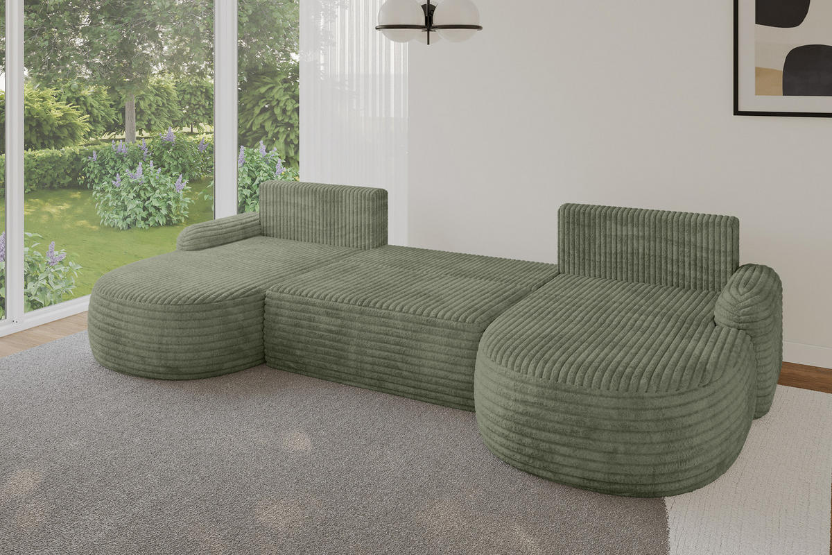 WOHNLANDSCHAFT mit Schlaffunktion und Bettkasten LIRA-U - 335x172x89 Olive - Olivgrün, Holzwerkstoff/Textil (335/89/172cm) - ALTDECOR