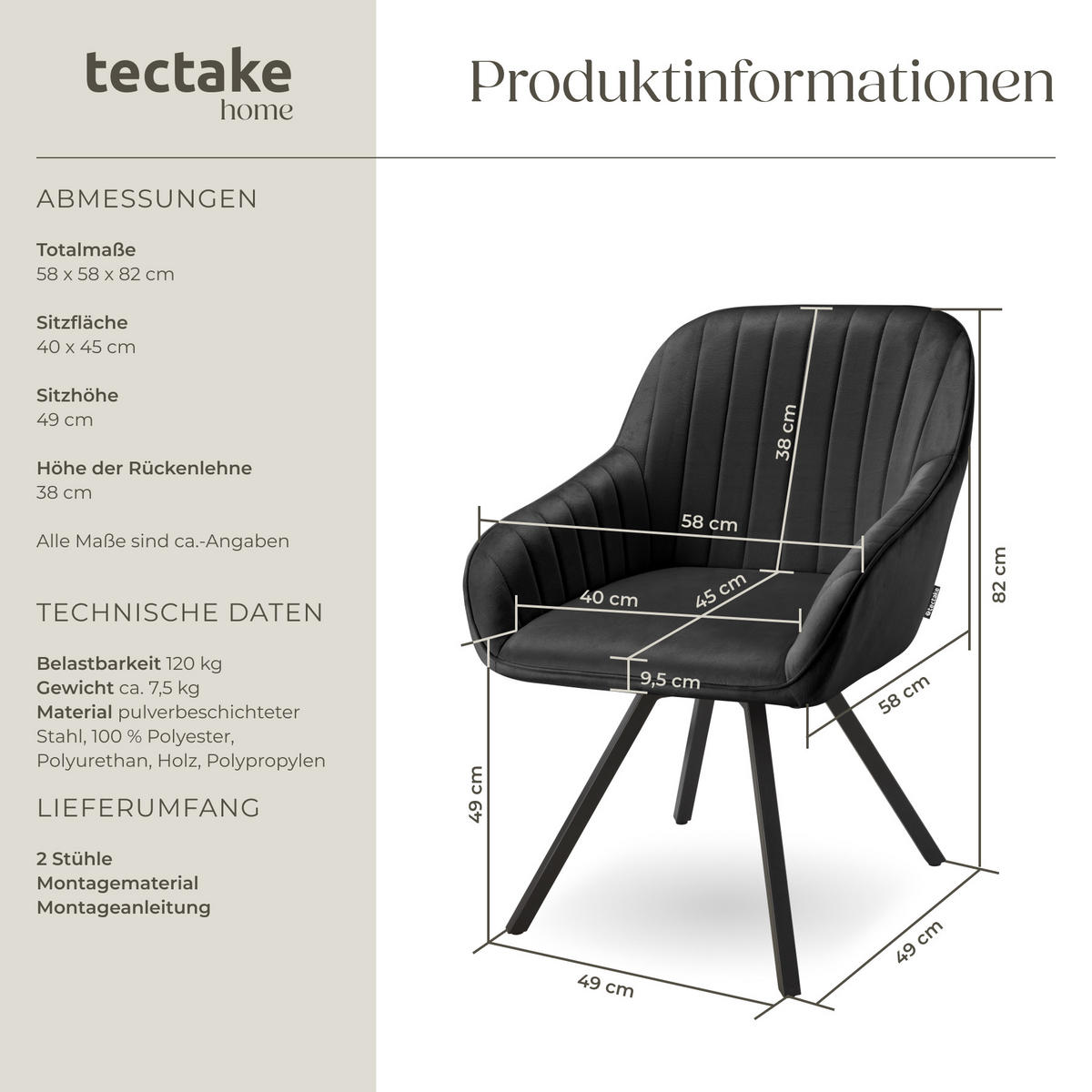 ARMLEHNSTUHL drehbarer 2er Set Snug 58 x 58 x 82 cm schwarz - Schwarz, Textil (58/82/58cm) - tectake