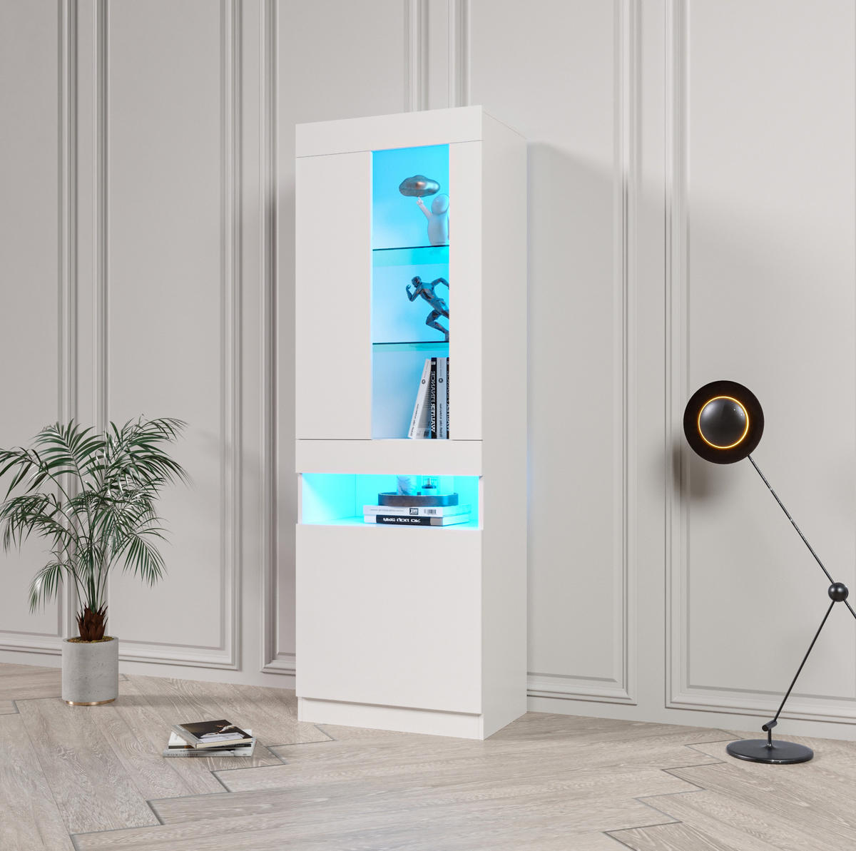 VITRINE 50/40/180 cm Weiß aus Spanplatte mit LED-Beleuchtung - Weiß, Holzwerkstoff (40/180/50cm) - OKMYHOME