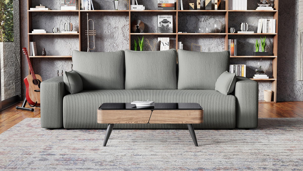 SOFA Bubi mit Bettkasten und Schlaffunktion, Cordstoff - Grau, Holzwerkstoff (242/85/95cm)