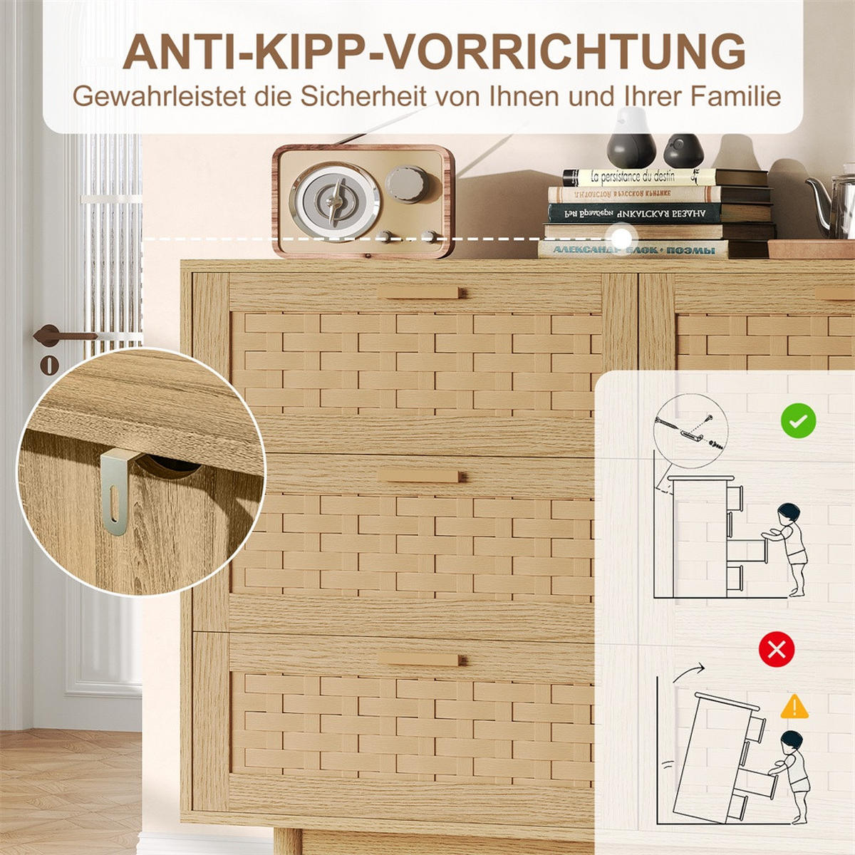 KOMMODE mit 6 Schubladen - natürliche Geflecht-Optik und runde Holzbeine - Eiche-Optik - Eichefarben, Holzwerkstoff (115/80/40cm) - DELFA